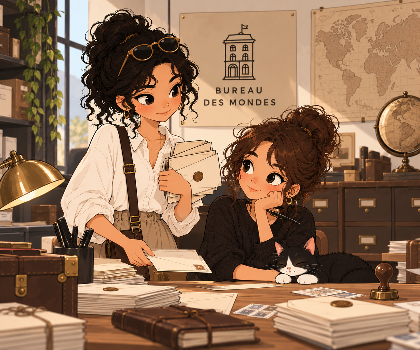 Maé et June préparent le courrier au Bureau des Mondes