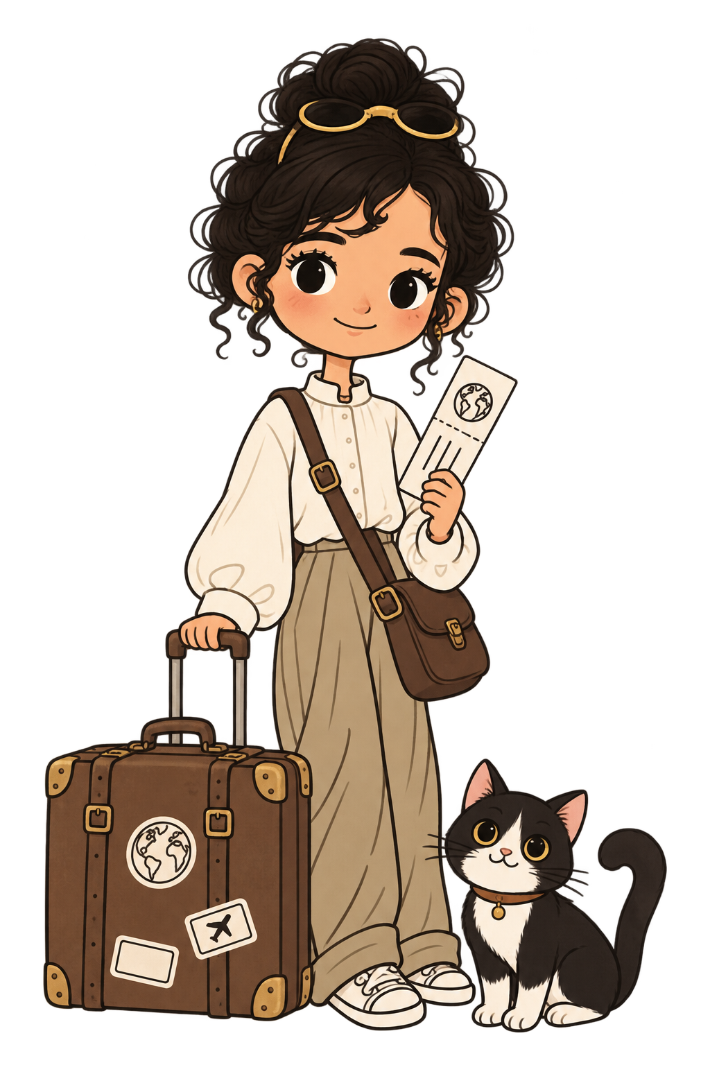 Une voyageuse des mondes accompagnée de son chat et de sa valise